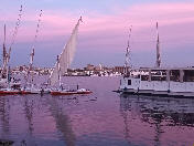 Sunset on the Nile with feluccas for sunset cruises and Luxor Temple in the background